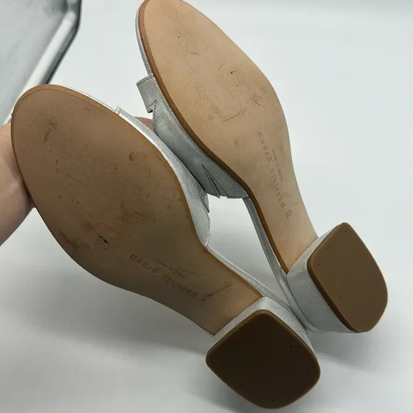 Patricia Green Slide Sandals Silver Leather Low Block Heels Shoes Shimmer 9.5