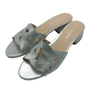 Patricia Green Slide Sandals Silver Leather Low Block Heels Shoes Shimmer 9.5