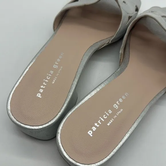 Patricia Green Slide Sandals Silver Leather Low Block Heels Shoes Shimmer 9.5