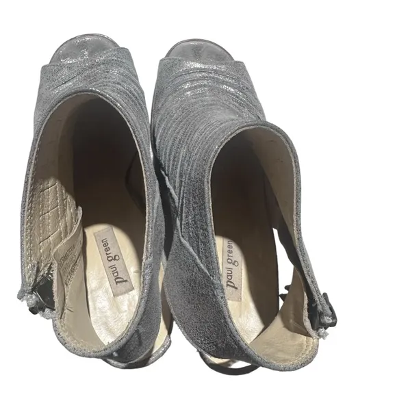 Paul Green Cayanne Peep Toe Booties Heeled Sandals Metallic Pewter Silver 7.5
