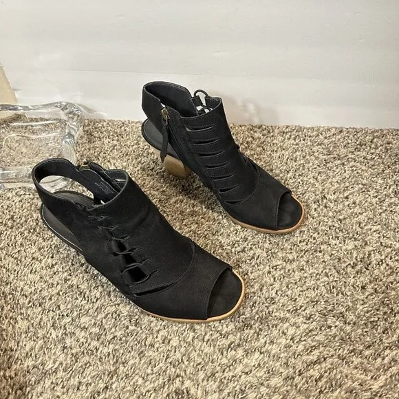 PAUL GREEN Mindy Block Heel Bootie Peep Toe Sandals Black Leather UK 5.5 US 8