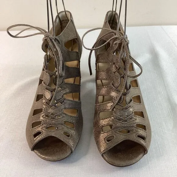 Paul Green Leather Metallic Lace-up Stacked heel Sandals Size 7 (38)