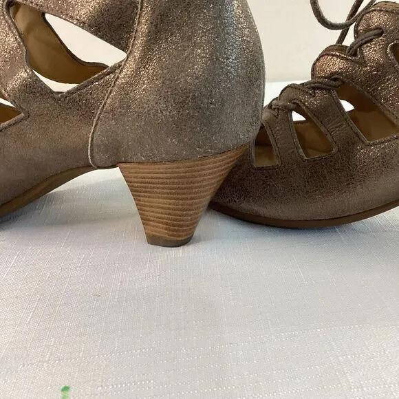 Paul Green Leather Metallic Lace-up Stacked heel Sandals Size 7 (38)
