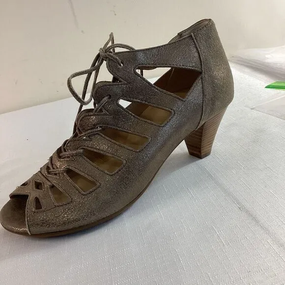 Paul Green Leather Metallic Lace-up Stacked heel Sandals Size 7 (38)