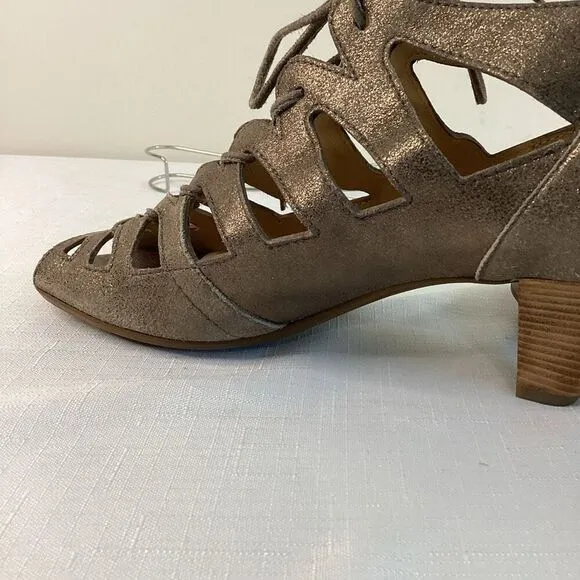 Paul Green Leather Metallic Lace-up Stacked heel Sandals Size 7 (38)