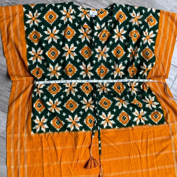 Pax Philomena Ikat Kaftan Dress Handwoven Cotton Orange/Green Color One Size