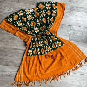 Pax Philomena Ikat Kaftan Dress Handwoven Cotton Orange/Green Color One Size