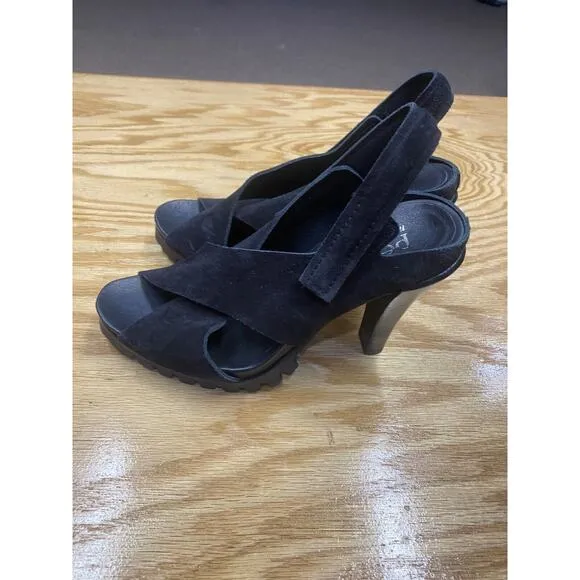Pedro Garcia Yuval Slingback Sandals Women's 6.5 Black Suede Peep Toe Preppy S57