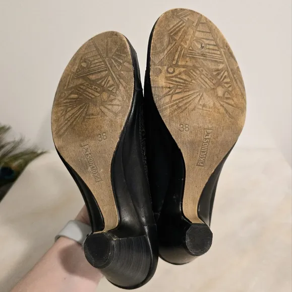 PIKOLINOS Java W5A Black Leather Leaf Laser Cut Sling Back Heeled Sandals 7.5