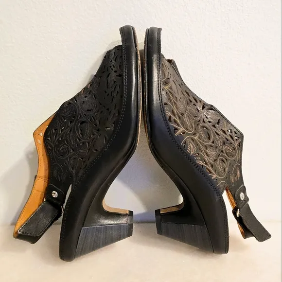PIKOLINOS Java W5A Black Leather Leaf Laser Cut Sling Back Heeled Sandals 7.5