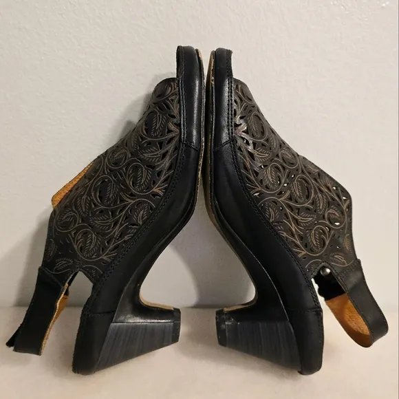 PIKOLINOS Java W5A Black Leather Leaf Laser Cut Sling Back Heeled Sandals 7.5