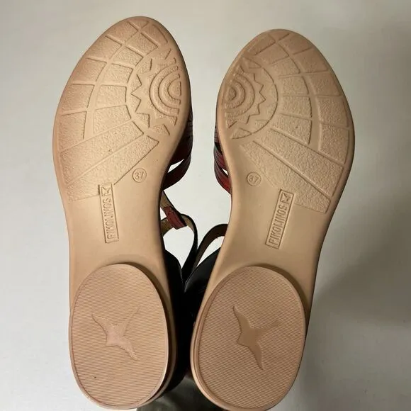 Pikolinos Sandals Womens EU 37 US 6.5 7 Black Coral Leather Talavera T Strap