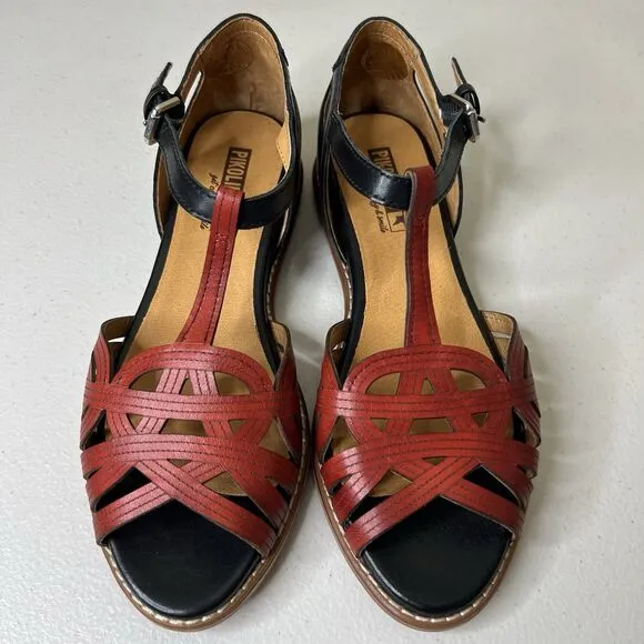 Pikolinos Sandals Womens EU 37 US 6.5 7 Black Coral Leather Talavera T Strap