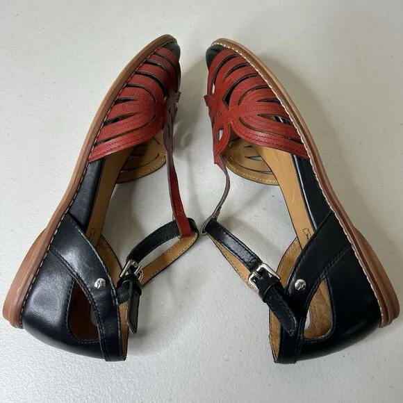 Pikolinos Sandals Womens EU 37 US 6.5 7 Black Coral Leather Talavera T Strap