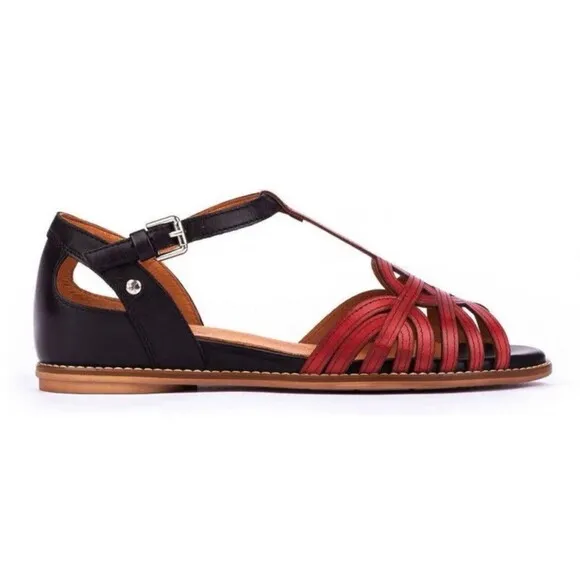 Pikolinos Sandals Womens EU 37 US 6.5 7 Black Coral Leather Talavera T Strap