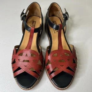 Pikolinos Sandals Womens EU 37 US 6.5 7 Black Coral Leather Talavera T Strap