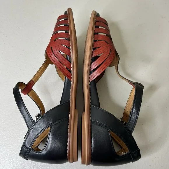 Pikolinos Sandals Womens EU 37 US 6.5 7 Black Coral Leather Talavera T Strap