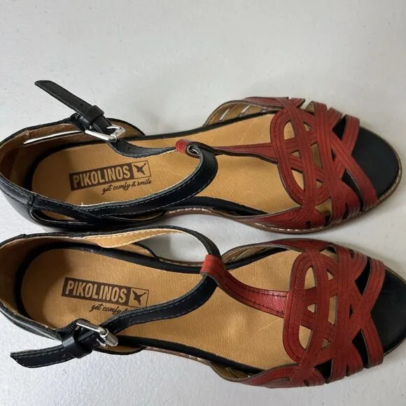 Pikolinos Sandals Womens EU 37 US 6.5 7 Black Coral Leather Talavera T Strap