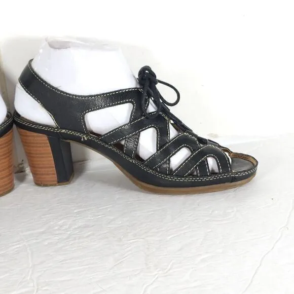 Pikolinos Women's US7-7,5 EU38 Java Black Leather Peep Toe Slingback Sandals