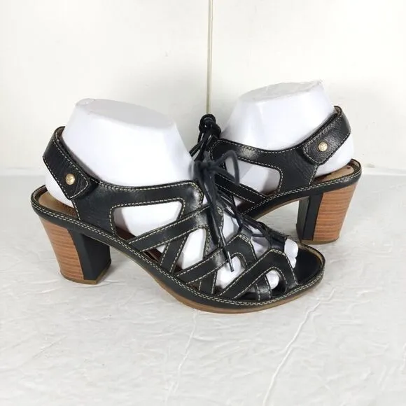 Pikolinos Women's US7-7,5 EU38 Java Black Leather Peep Toe Slingback Sandals