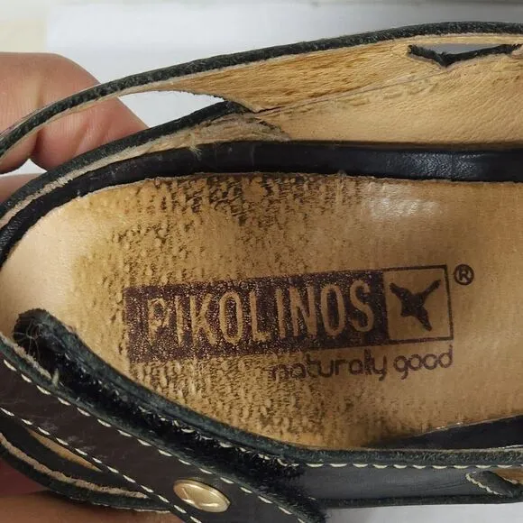 Pikolinos Women's US7-7,5 EU38 Java Black Leather Peep Toe Slingback Sandals