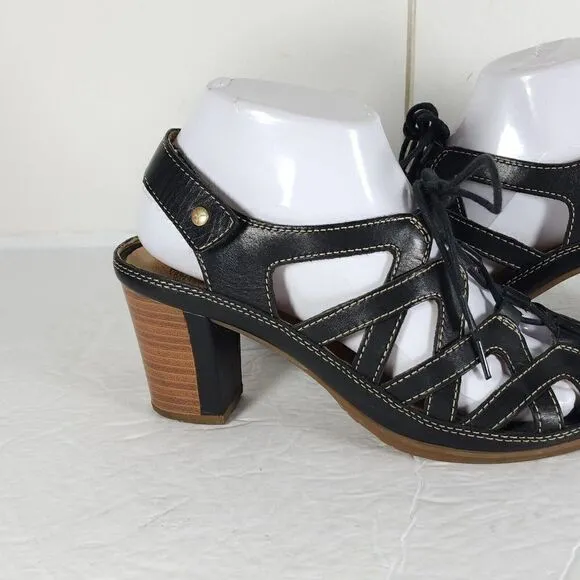 Pikolinos Women's US7-7,5 EU38 Java Black Leather Peep Toe Slingback Sandals