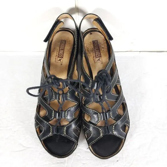Pikolinos Women's US7-7,5 EU38 Java Black Leather Peep Toe Slingback Sandals