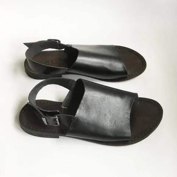 Poetry London Black Leather Open Toe Mule Slingback Sandals Slides