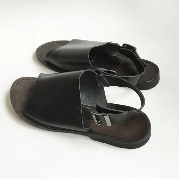 Poetry London Black Leather Open Toe Mule Slingback Sandals Slides