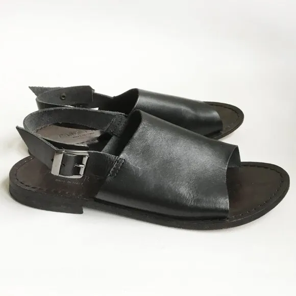 Poetry London Black Leather Open Toe Mule Slingback Sandals Slides
