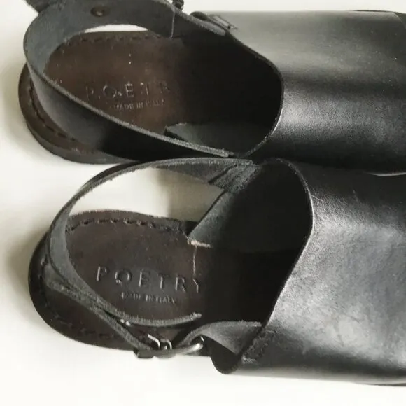 Poetry London Black Leather Open Toe Mule Slingback Sandals Slides