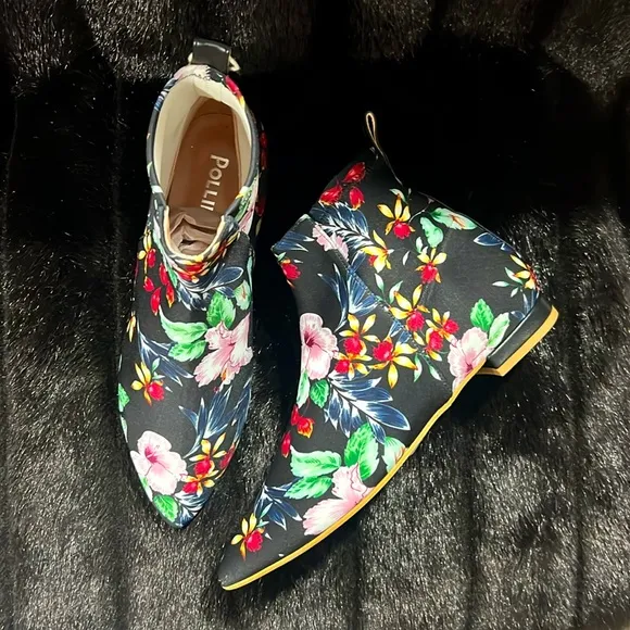 POLLINI Women's Black Satin Ankle Boots Pink size 38 Eu / 7.5 US