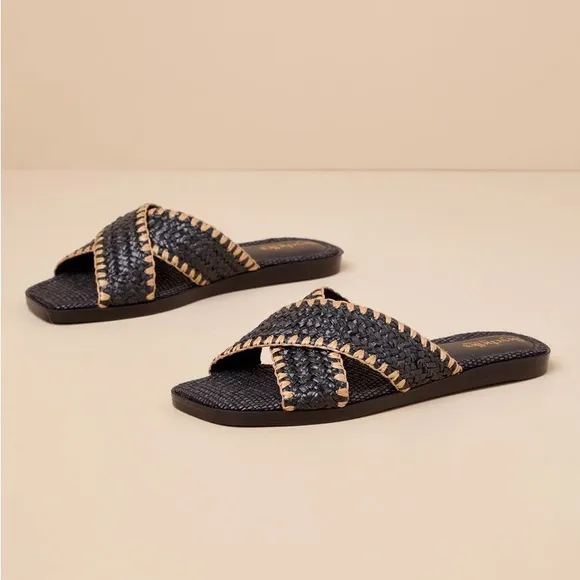 Pomelo Black Raffia Slide Sandals