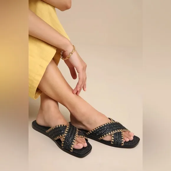 Pomelo Black Raffia Slide Sandals