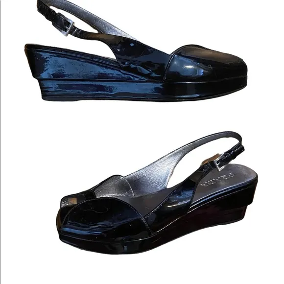 Prada Black Patent Leather Peep Toe Sling Back Size 36.5 Sandals.