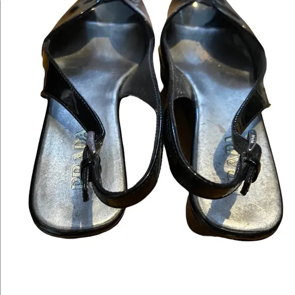 Prada Black Patent Leather Peep Toe Sling Back Size 36.5 Sandals.