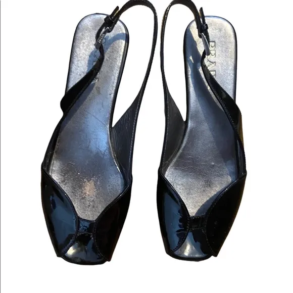 Prada Black Patent Leather Peep Toe Sling Back Size 36.5 Sandals.