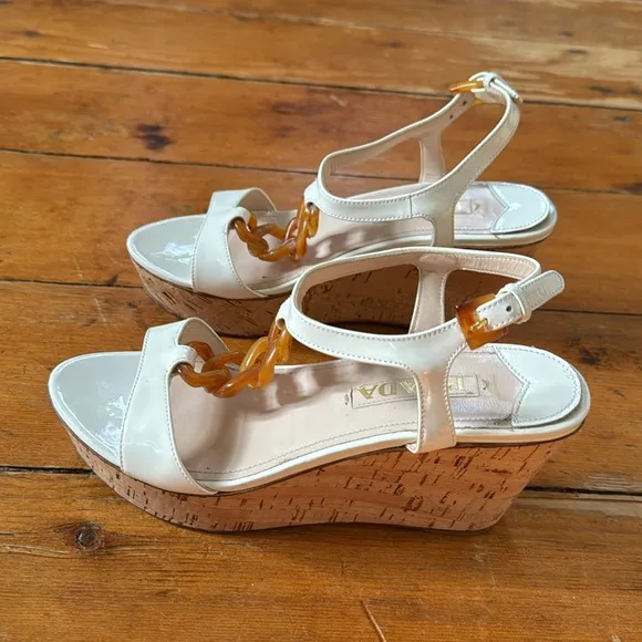 Prada‎ Patent Leather Cork Wedge Platform Sandals Sz 36