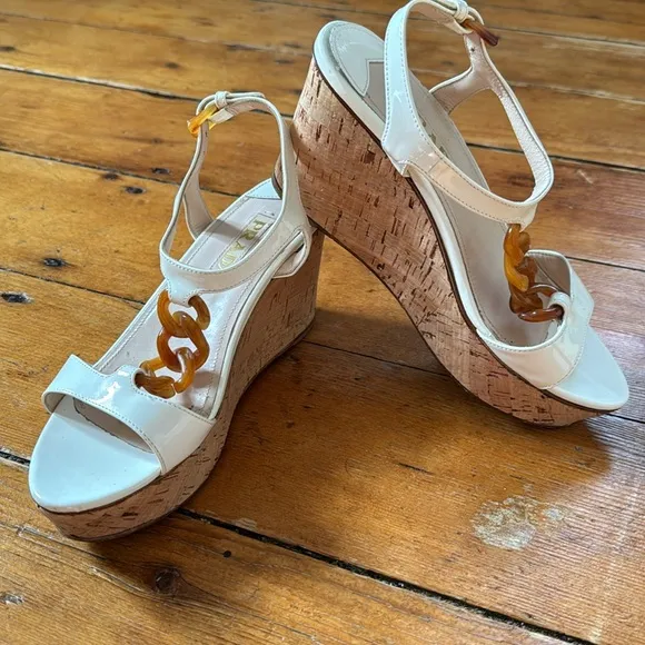 Prada‎ Patent Leather Cork Wedge Platform Sandals Sz 36