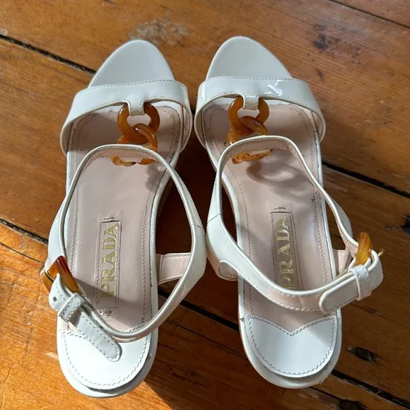 Prada‎ Patent Leather Cork Wedge Platform Sandals Sz 36