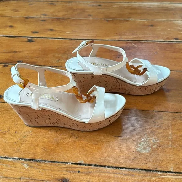 Prada‎ Patent Leather Cork Wedge Platform Sandals Sz 36