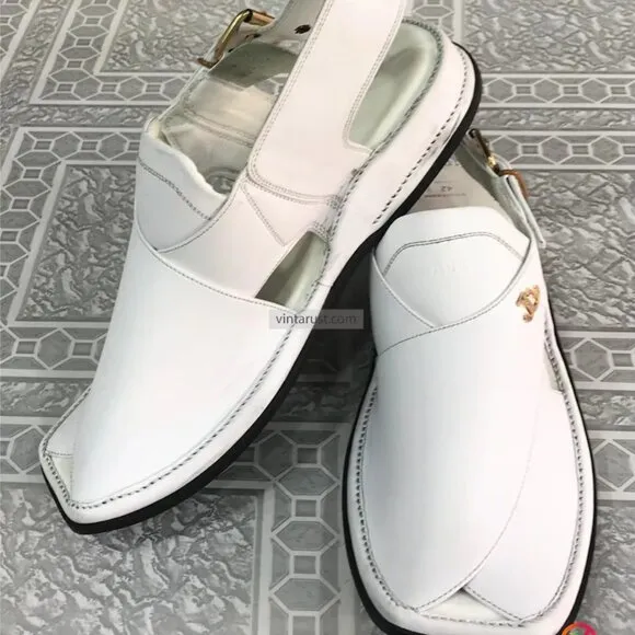 Pure White Kaptaan Peshawari Chappal, Geniune Leather Sandals, Traditional Men's