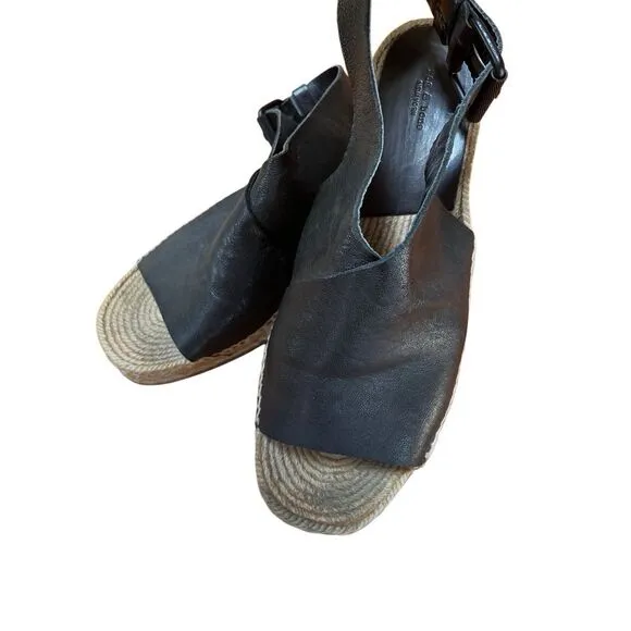 Rag &amp; Bone Sienna Black Leather Espadrille Wedge Open Toe Sandal Women’s 40 9.5