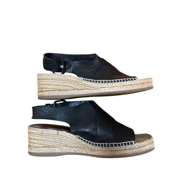 Rag &amp; Bone Sienna Black Leather Espadrille Wedge Open Toe Sandal Women’s 40 9.5
