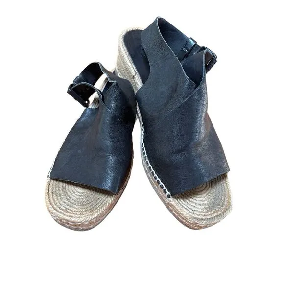 Rag &amp; Bone Sienna Black Leather Espadrille Wedge Open Toe Sandal Women’s 40 9.5