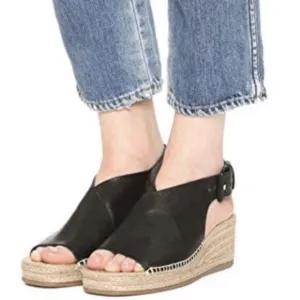 Rag &amp; Bone Sienna Black Leather Espadrille Wedge Open Toe Sandal Women’s 40 9.5