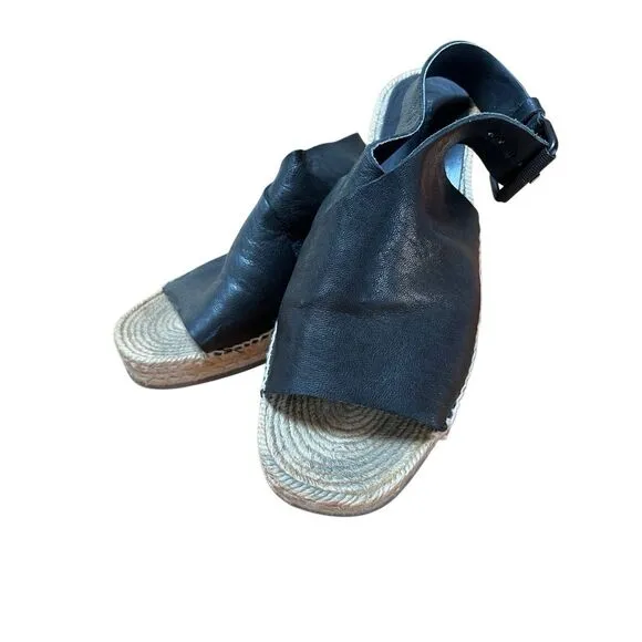 Rag &amp; Bone Sienna Black Leather Espadrille Wedge Open Toe Sandal Women’s 40 9.5