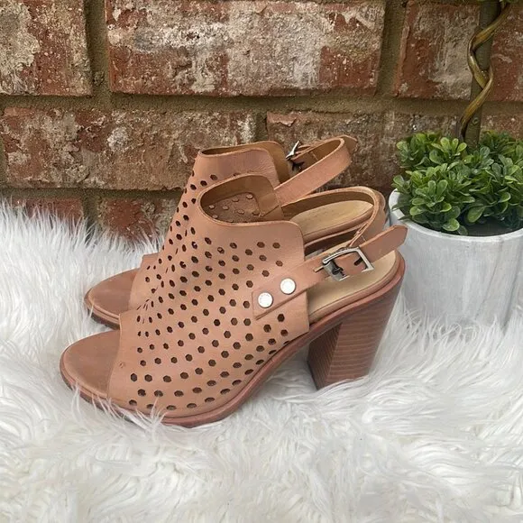 Rag &amp; Bone Tan Wyatt Perforated Leather Open Toe Ankle Heeled Sandals Size 36.5