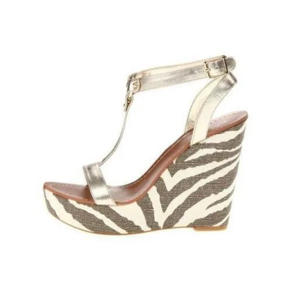 Ralph Lauren Disha Platform Wedge Sandals Heels Leather Platino Gold Size 8