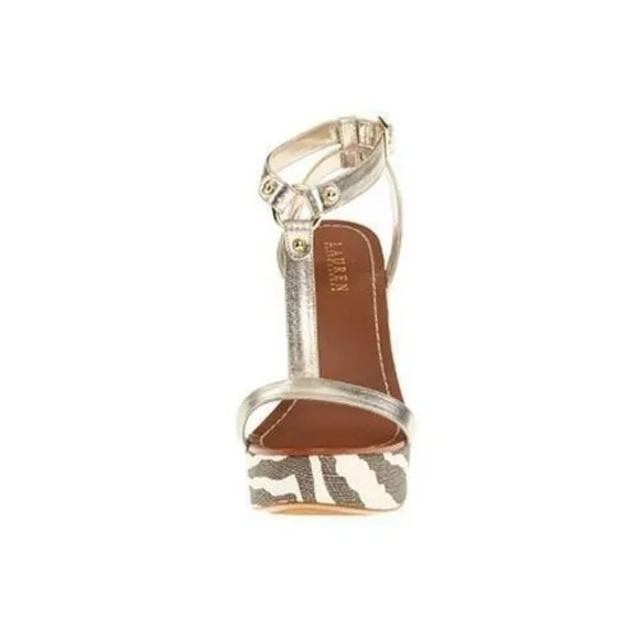 Ralph Lauren Disha Platform Wedge Sandals Heels Leather Platino Gold Size 8